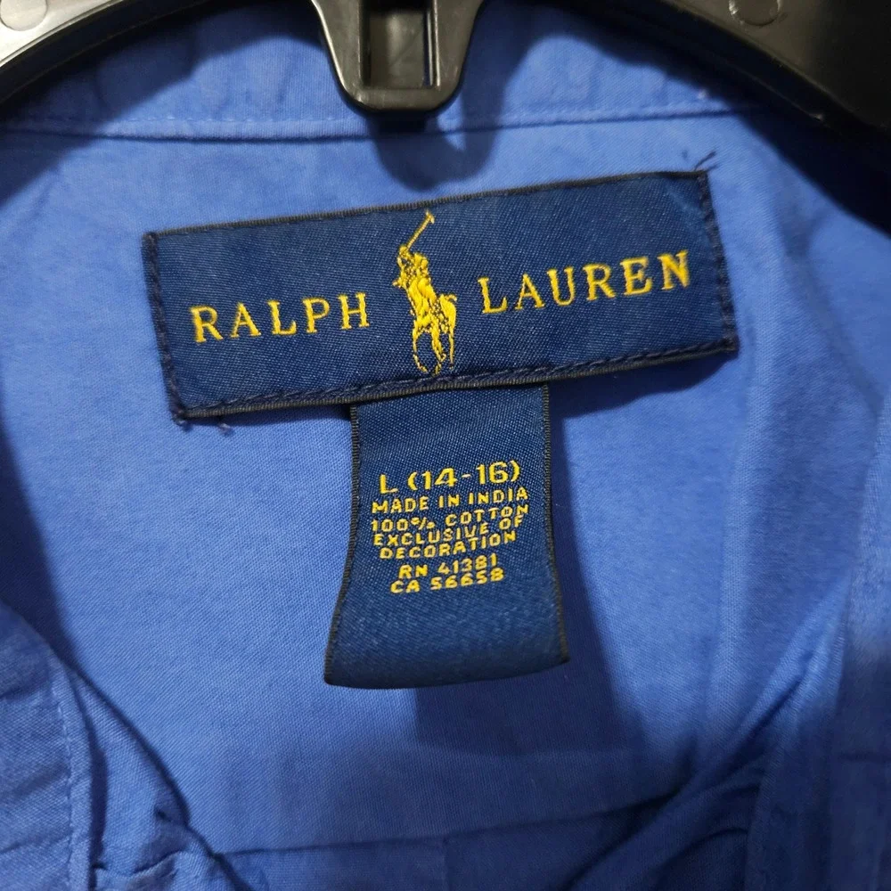 Ralph‎ Lauren Boys Blue Short Sleeve Button Down Shirt Size L 14-16 Cotton Pony